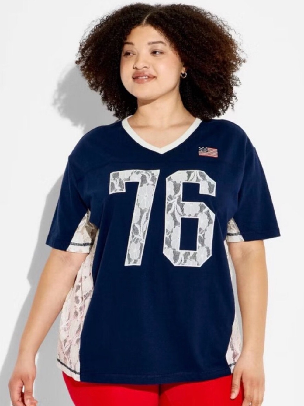 Zoe + Liv Women's USA Lace Short Sleeve Graphic Jersey T-Shirt - Blue L